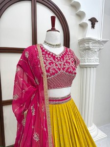 <b>Pink</b> Gold Sequin Georgette Lehenga Choli Semi Stitched <b>Wedding</b> Outfit Net Dupatta Traditional Women <b>Dress</b> - Product Image 2