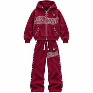 OEM Custom Unisex Rhinestone Tracksuit Burgundy <b>Full</b> <b>Zip</b> <b>Hoodie</b> Wide Leg Studded Streetwear Set - Product Image 2