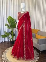 Sari de créateur Royal Fendy en soie, orné de perles et de sequins, avec blouse non cousue