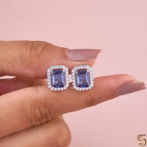 Boucles d'oreilles halo en argent sterling avec zircon cubique bleu taille émeraude, fermoir à vis, élégantes et scintillantes, bijoux de déclaration pour tous les jours et les occasions spéciales - Product Image 3