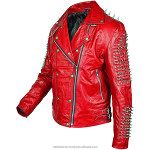 Chaqueta para hombre Chaquetas Hot Red Chili Cowhide Punk Rock Metal Spiked Motor Jacket Tachonado Cuero genuino Rock Stars Style - Product Image 1