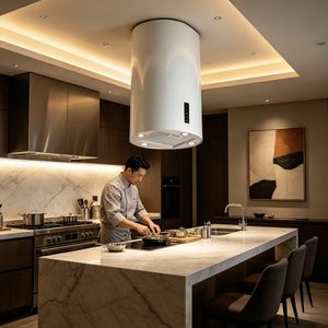 <span class=keywords><strong>Hotte</strong></span> <span class=keywords><strong>de</strong></span> <span class=keywords><strong>cuisine</strong></span> cylindrique blanche moderne à montage en îlot au plafond, avec éclairage LED à aspiration puissante, personnalisation OEM pour conception <span class=keywords><strong>de</strong></span> <span class=keywords><strong>cuisine</strong></span> ouverte - Product Image 5
