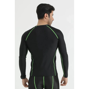 SIRIUS SPORTS Men's <b>Black</b> Compression <b>Long</b> <b>Sleeve</b> Crew Neck <b>Top</b> Green Contrast Stitch Breathable Seamless Quick Dry Spandex - Product Image 2