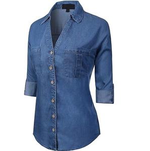 Camisas de mezclilla ajustadas con bolsillo en el pecho, elásticas, con botones, transpirables, al por mayor - Product Image 5
