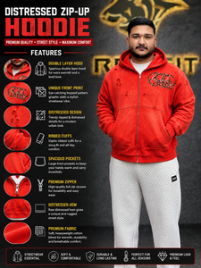 Sudadera con capucha roja desgastada con cremallera completa para hombre, estilo oversize, con estampado de leopardo y logo, estilo streetwear, de algodón y felpa. - Product Image 2