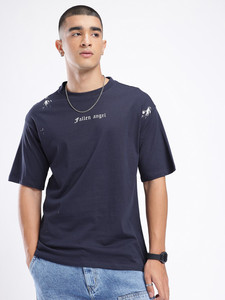 Camiseta de Manga Corta Azul Marino para Hombre con Diseño Abstracto Blanco en la Espalda, Corte Regular, Cuello Redondo, Estilo Casual, 100% Algodón Jersey - Product Image 2