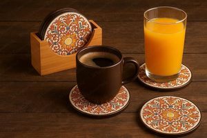 Decorative Round Wooden <b>Coaster</b> with Floral Art – <b>Table</b> Protection for Tea & Coffee Cups Handmade Printed Wooden Drink <b>Coaster</b> - Product Image 2