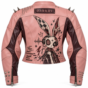 Chaqueta de Cuero Rosa para Mujer, Estilo Punk, con Estampado, Chaqueta de Motociclista con Tachuelas, Ropa Exterior Personalizada, Fabricación OEM/ODM a Pedido - Product Image 2
