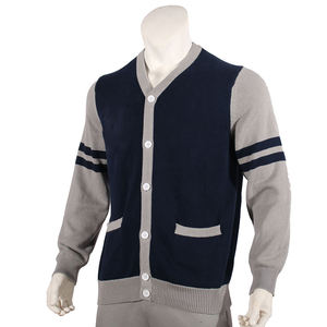 Cárdigan de punto sólido de alta calidad para hombre, color gris marino, cuello en V, manga larga, cierre de botones, para otoño, corte regular - Product Image 3