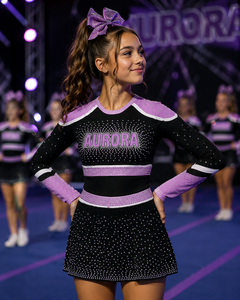 Ensemble d'uniformes de cheerleading personnalisés avec strass, trois tons, polyester, nylon, élasthanne, durable, tenue professionnelle pour équipe de cheerleading - Product Image 2