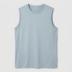 เสื้อกล้ามตาข่ายแห้งเร็วสำหรับผู้ชาย เสื้อกล้ามสีฟ้าอ่อน คอกลม แห้งเร็ว สีพื้น เสื้อกีฬาลำลอง ถักทอ - Product Image 3