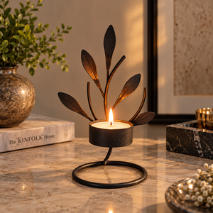 Nature Inspired Black Metal Candle Holder | Decorative <b>Leaf</b> Tea <b>Light</b> Stand for Living Room Dining Table Home Decor Gift Accent - Product Image 2