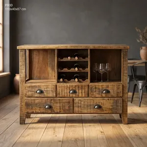 Consola de Madera Rústica para Botellas de Vino con Cajones de Almacenamiento, Estantes Abiertos y Soporte para Botellas, Mueble para Bar en Casa - Product Image 4