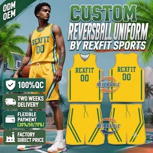 Ensemble de maillot de basket Rexfit SPORTS Breakers bleu et jaune, sublimé, en mesh respirant, pour homme adulte, coupe classique, style débardeur à col en V - Product Image 2