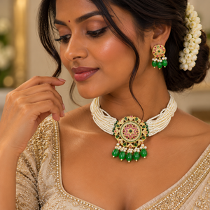Conjunto de collar choker Kundan con perlas de moda india y gotas de cuentas verdes, con aretes a juego de piedras AD multicolor. - Product Image 4