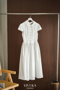 Vestido Midi Elegante de Encaje Blanco para Mujer, Cuello Peter Pan, Corte en A, Manga Corta, Ajustado, Estilo Festivo, Color Sólido, Transpirable, CINDY - Product Image 5