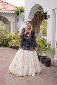 Elegant Black Striped <b>Top</b> With Cream Silk Lehenga Choli Traditional <b>Indian</b> Wedding Wear For Women Loose Fit Floor Length - Product Image 3