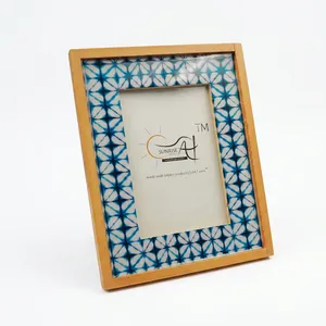 Marco de fotos decorativo de madera con diseño azul índigo, soporte para fotos para mesa, sala de estar, dormitorio, decoración de oficina - Product Image 3