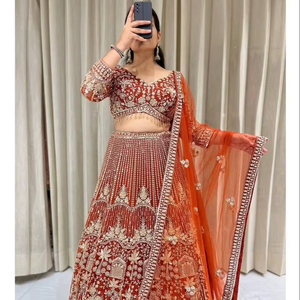 ชุดเลเฮนกา โจลี ดูปาตตา สไตล์วินเทจ สำหรับงานปาร์ตี้ ความยาวคลุมพื้น แห้งเร็ว ผ้าเน็ตเนื้อนุ่ม ตกแต่งด้วยงานปักเลื่อม - Product Image 1