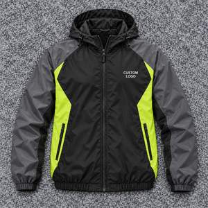 Veste coupe-vent color block avec empiècements noir, anthracite et vert citron, logo personnalisé, à capuche, entièrement zippée, pour tenue d'équipe extérieure, OEM, vente en gros - Product Image 3
