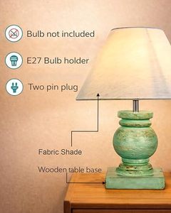 <b>Green</b> Resin Shabby Chic Leaf <b>Table</b> Lamp E27 Bulb Holder Fabric Shade Wooden Base Plug-in <b>Bedside</b> Decor Light - Product Image 1
