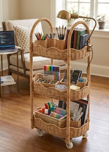 Étagère de rangement à 4 niveaux en rotin naturel, panier de présentation autoportant en osier avec poignées courbées pour cuisine, salon - Product Image 6