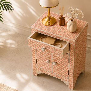 Bone Inlay Solid Wood Nightstand <b>Side</b> <b>Table</b> Accent Cabinet Floral Pattern Modern Design Bedside <b>Storage</b> for Bedroom Entry Hotel - Product Image 4