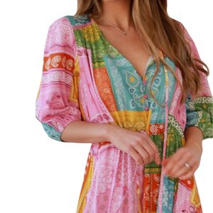 Vestido Maxi Floral con Corte en A para Mujer, Vestido de Manga Corta con Lazo Delantero - Product Image 5