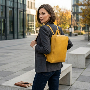 Custom Minimalist Genuine Leather <b>Backpack</b> for Women Luxury Yellow Cowhide Shoulder Bag Slim Anti-Theft Urban Business Laptop Ba - Product Image 4