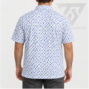 Trackstar Men's White <b>Blue</b> Geometric Square Print <b>Polo</b> <b>Shirt</b> Short Sleeve Button Collar Casual Golf <b>Shirt</b> Custom Logo - Product Image 3