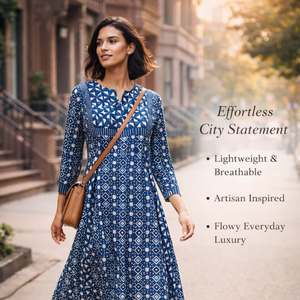 ชุดเดรสผ้าฝ้ายอินดิโก้ทำมือ คอวีเล็ก แขนยาว มีกระเป๋าข้าง ลายกอลี พิมพ์ลายดอกไม้ ชุดเดรสหรูหราสำหรับผู้หญิง - Product Image 6