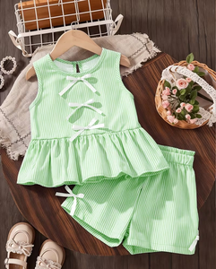 Girls Green Solid Short Sleeve Top Shorts Set with Bow Details 2 Piece Summer Outfit Polyester/Cotton Comfortable - Product Image 6