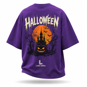 Men's Gothic Halloween T Shirt Purple Graphic Tee Pumpkin Castle Moon Bat Print Oversized Short Sleeve Cotton Casual Streetwear - Product Image 3