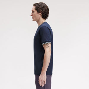 <b>mens</b> <b>navy</b> <b>blue</b> tipped neck short sleeve tshirt tipped cuff crewneck casual tee top - Product Image 3