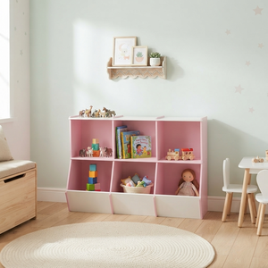 Étagère à 6 compartiments DISICO pour enfants, 1200x480x800mm, rose avec blanc, bibliothèque murale en MDF, design moderne - Product Image 6