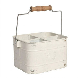 Portacubiertos Rústico de Hierro Galvanizado con 4 Compartimentos y Asa de Madera, Estilo Rústico Blanco Desgastado - Product Image 1