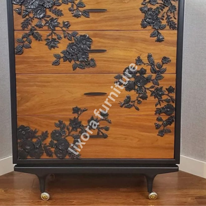 Luxury Handcrafted Solid Wood 4 Drawer Dresser Ornate Black Floral Vine Relief Carving Natural Finish - Product Image 3