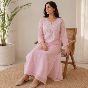 Elegant Light Pink Hand Embroidered Lucknowi Chikankari Anarkali <b>Kurti</b> - Cotton Ethnic Tunic Wholesale <b>Indian</b> Wear Collection - Product Image 4