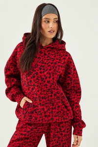 Wholesale Women's <b>Red</b> Leopard Print 2 Piece Tracksuit Set Premium <b>Hoodie</b> & Women's Soft Wide Leg Casual Streetwear Fleece Jogger - Product Image 3
