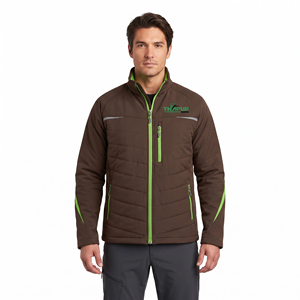 Chaqueta Softshell Unisex Marrón para Exteriores con Cuello Alto, Cremallera de Contraste en Neón, Bolsillos Laterales y en el Pecho, Multi-estación - Product Image 1