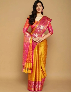 Sari en soie pure Banarasi tissé et orné KV (Jaune) - Product Image 1
