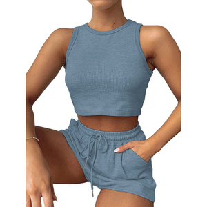 Women 2 Piece Rib <b>Knit</b> <b>Set</b> Sleeveless Crop Top Drawstring Shorts Solid Color Casual Spring Summer Wear - Product Image 2