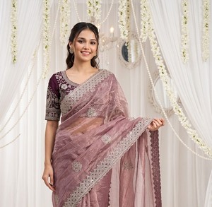 Elegant <b>Purple</b> Silk <b>Saree</b> With Embroidered Border For Women Wedding Traditional Indian Pakistani Wear - Product Image 1