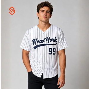 Maillot de baseball New York pour homme, manches courtes, boutons sur le devant, rayé, polyester, coupe classique, toutes saisons, haut de sport - Product Image 1