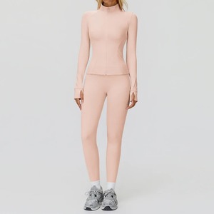 High Quality Womens Solid Breathable Zipper Front Yoga <b>Jacket</b> and Leggings Two Piece Seamless Fitness <b>Workout</b> Set - Product Image 1