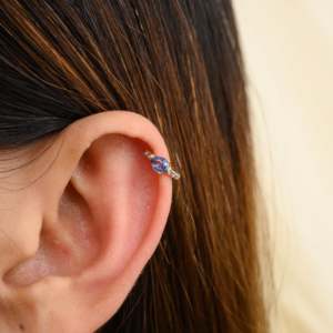 18K <b>Blue</b> Sapphire & Diamond Helix Cuff <b>Stud</b> <b>Earrings</b>-Geometric Trendy Gift - Product Image 1