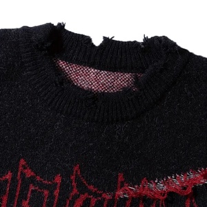 Pull en tricot noir pour homme avec imprimé lettres rouges et ourlet effiloché, manches longues, vêtement d'hiver, style urbain américain, USA - Product Image 3
