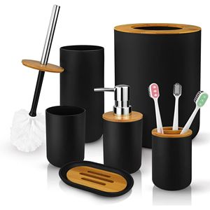 Set di Accessori per Bagno in Plastica e Bambù, 6 Pezzi, Set Portaspazzolino Salvaspazio per Piccoli Ambienti - Product Image 1