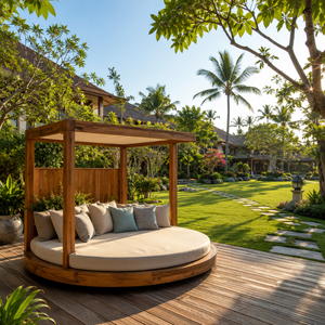 Lit de repos rond de luxe pour l'extérieur avec auvent, lit de jardin en bois massif pour hôtel, complexe hôtelier, villa, patio, mobilier d'hôtellerie - Product Image 1