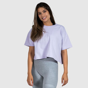 เสื้อครอปสีม่วงอ่อนสำหรับผู้หญิง คอกลม แขนสั้น ทรงหลวม เสื้อยืดถัก สีพื้น ลำลอง ใส่ได้ทุกฤดู ระบายอากาศได้ดี - Product Image 4